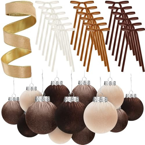Syhood 38 Pcs Christmas Velvet Ornaments Decor Kit 2.36'' 18 Pcs Christmas Tree Ornaments Balls 18 Vintage Velvet Bows 5.5 Yard Ribbon for Xmas Tree Hanging Decorations, Khaki | Amazon (US)