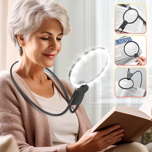 IMICHI Large Magnifier with Light-Hands Free- 5.1 Inch 6X Magnifying Glass Suit for Large Hands/Pursuing a Wide View, Neck-Worn Magnifier for Seniors, Gifts Perfect for Reading, Sewing | Amazon (US)