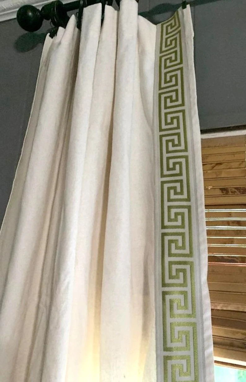 Ivory Linen Cotton Blend Greek Key Trim Curtains, Greek Key Curtains, Off white Greek Key Drapes/... | Etsy (US)