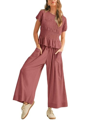 Antnation Womens 2 Piece Smocked Top Wide-Leg Pants Set High-Waisted Lounge Outfit with Pockets Casual Boho Matching Set(DustyPink-XS) | Amazon (US)
