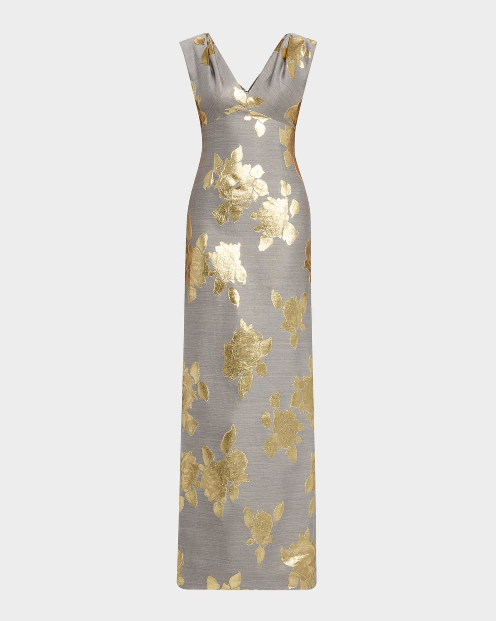 V-Neck Metallic Floral Jacquard Empire Gown | Neiman Marcus