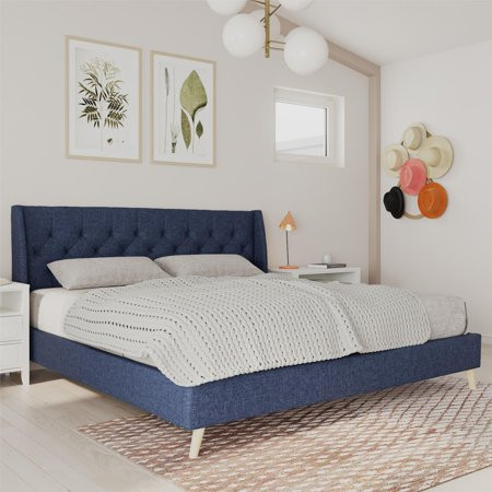 Novogratz Her Majesty Tufted Upholstered Bed Frame King Blue Linen | Walmart (US)