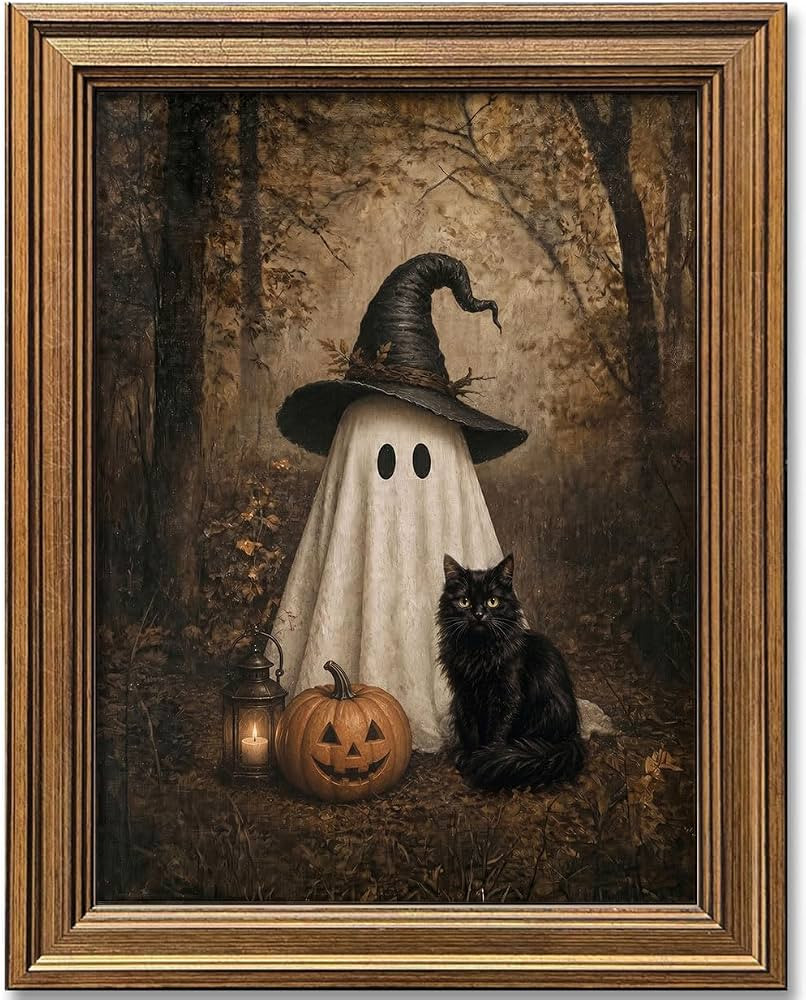 Wemandh Vintage Halloween Wall Art, Gold Framed Cute Ghost and Black Cat Canvas Print, Dark Acade... | Amazon (US)