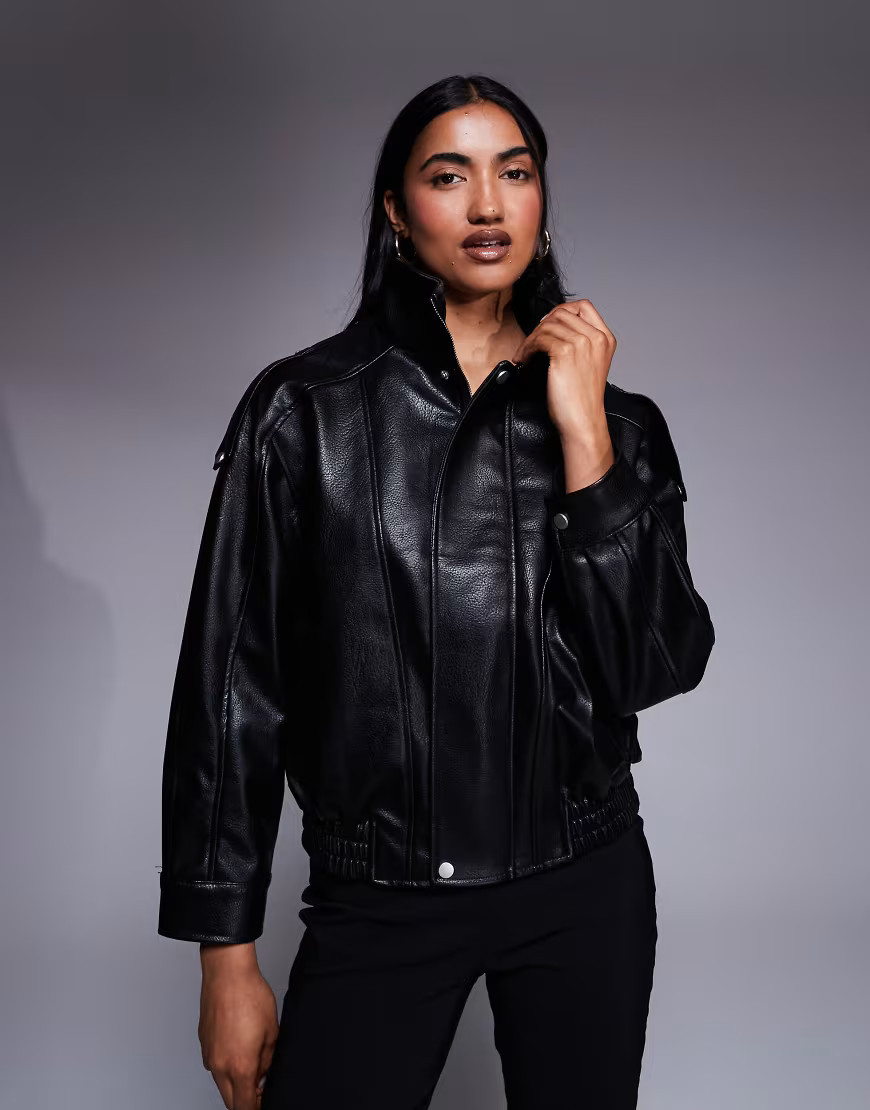 River Island batwing sleeve funnel neck faux leather jacket in black | ASOS (Global)