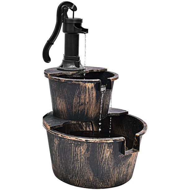 XtremepowerUS Outdoor 2-Tier Fountain Rustic Wood Barrel Water Fountain Decor w/ Pump | Walmart (US)