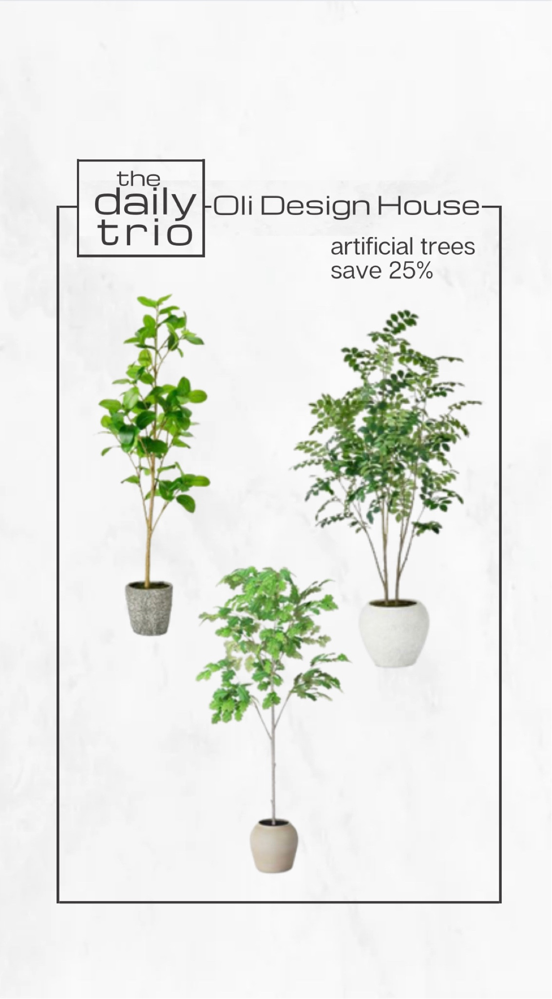Daily trio

Artificial trees that are 20% off right now! 

#LTKsalealert #LTKFind #LTKhome