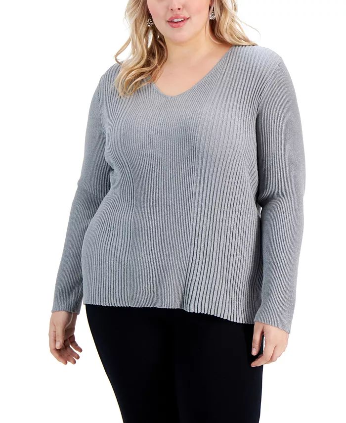 Plus Size Ribbed Shine V-Neck Top, Created for Macy's | Macys (US)