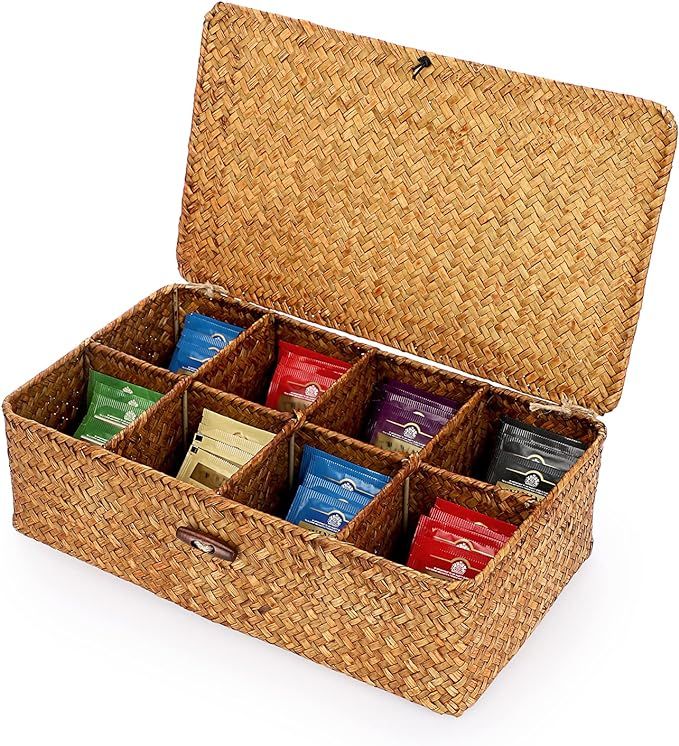 ELLDOO Tea Bags Box with Lid, Wicker Rattan Sugar Packet Holder Coffee Station Condiment Organize... | Amazon (US)