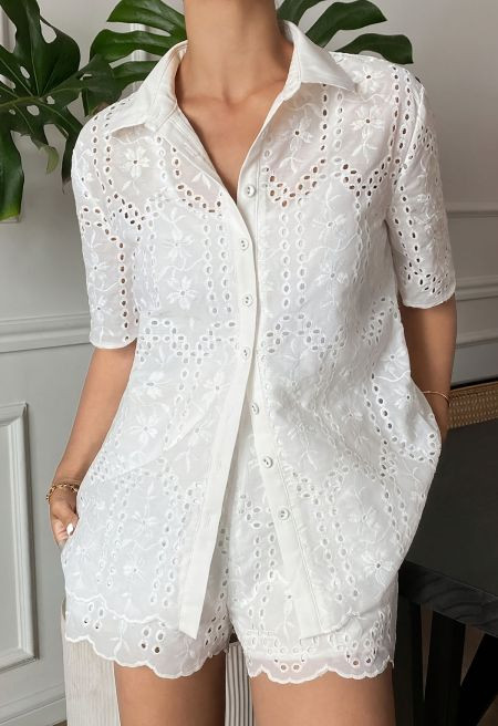 Floral Eyelet Embroidery Scalloped Hem Shirt and Shorts Set for Resort Getaways & Weekend | Chicwish