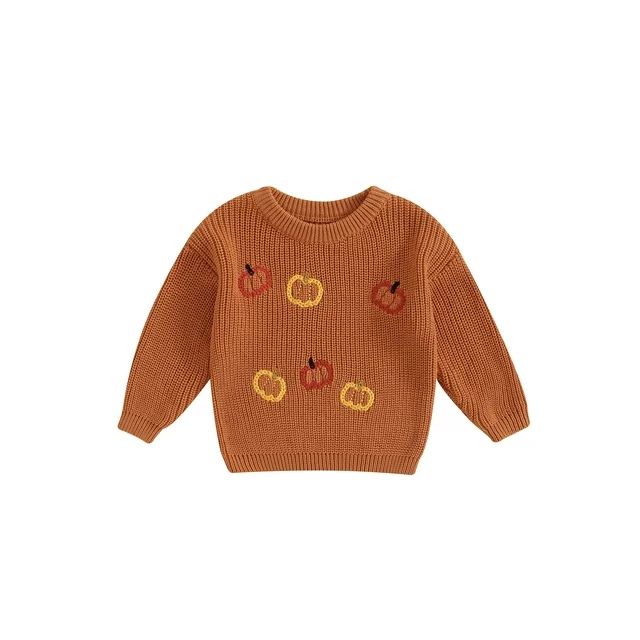 Licupiee Toddler Girls Knit Sweater Halloween Clothes Pumpkin Embroidered Crewneck Long Sleeve Ki... | Walmart (US)