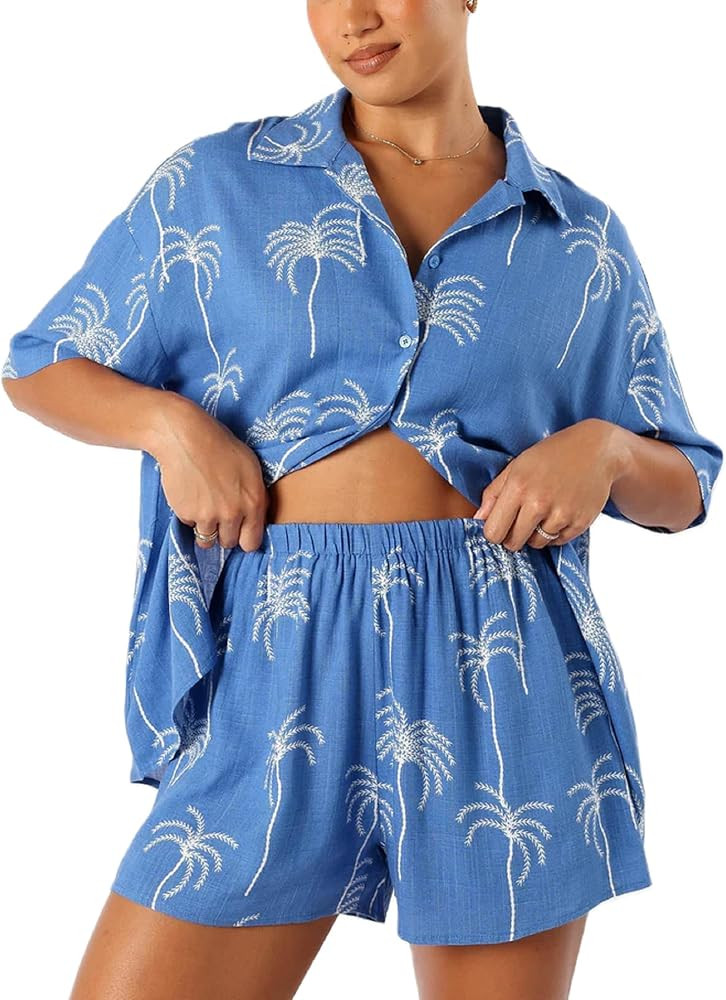 Women Graphic 2 Piece Outfit Short Sleeve Button Shirt Y2K Printed Beach Outfit Boho Summer Holid... | Amazon (US)