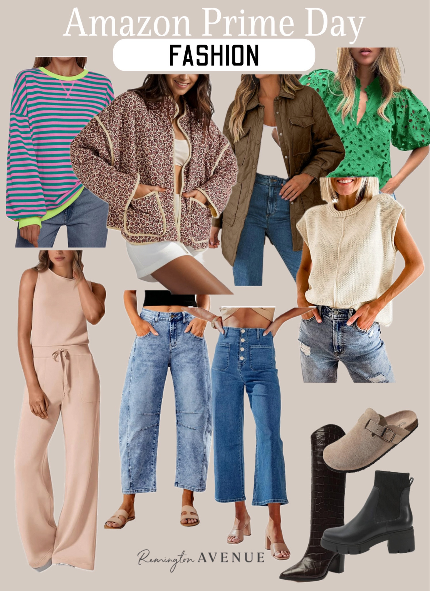 A few of my favorite fashion finds from #PrimeDays. Spanx lookalike jumpsuit that I wear often and love comes in so many colors. Barrel jeans that fit similar to free people at a fraction of the cost, these cute cropped kick out jeans that come in regular, short, and long lengths. Cap sleeve fall transition sweater that comes in 22 color options, striped oversized sweatshirt and these cute quilted jackets that are perfect for fall. Knee high snakeskin boots come in black, white, and tan. Suede slip on clogs and sock top Chelsea boots

#LTKxPrimeDay #LTKFindsUnder100 #LTKSaleAlert