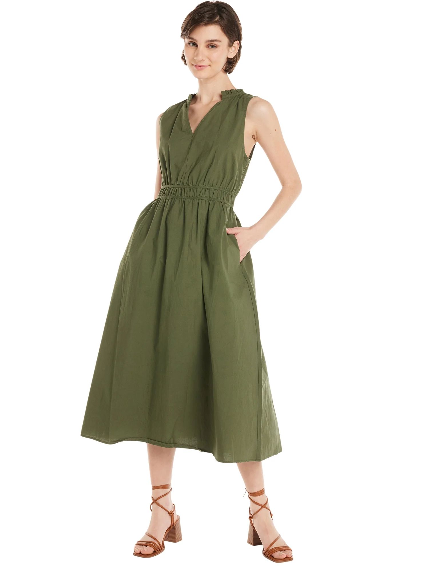 Time and Tru Women's Ruched Bodice Midi Dress, Sizes XS-XXXL - Walmart.com | Walmart (US)