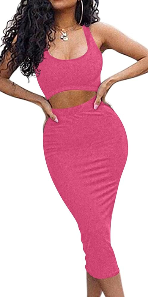 GOBLES Women's Sexy Summer Outfits Bodycon Tank Top Midi Skirt 2 Piece Dress | Amazon (US)