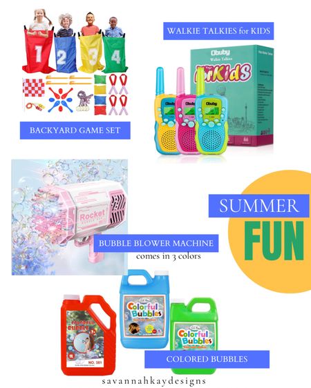 Fun for the kids this summer to keep them off screens and having a good time! #kids #donewithschool #homeforthesummer #bored #walkietalkie #bubbles #games #outdoor

#LTKSeasonal #LTKkids #LTKunder50