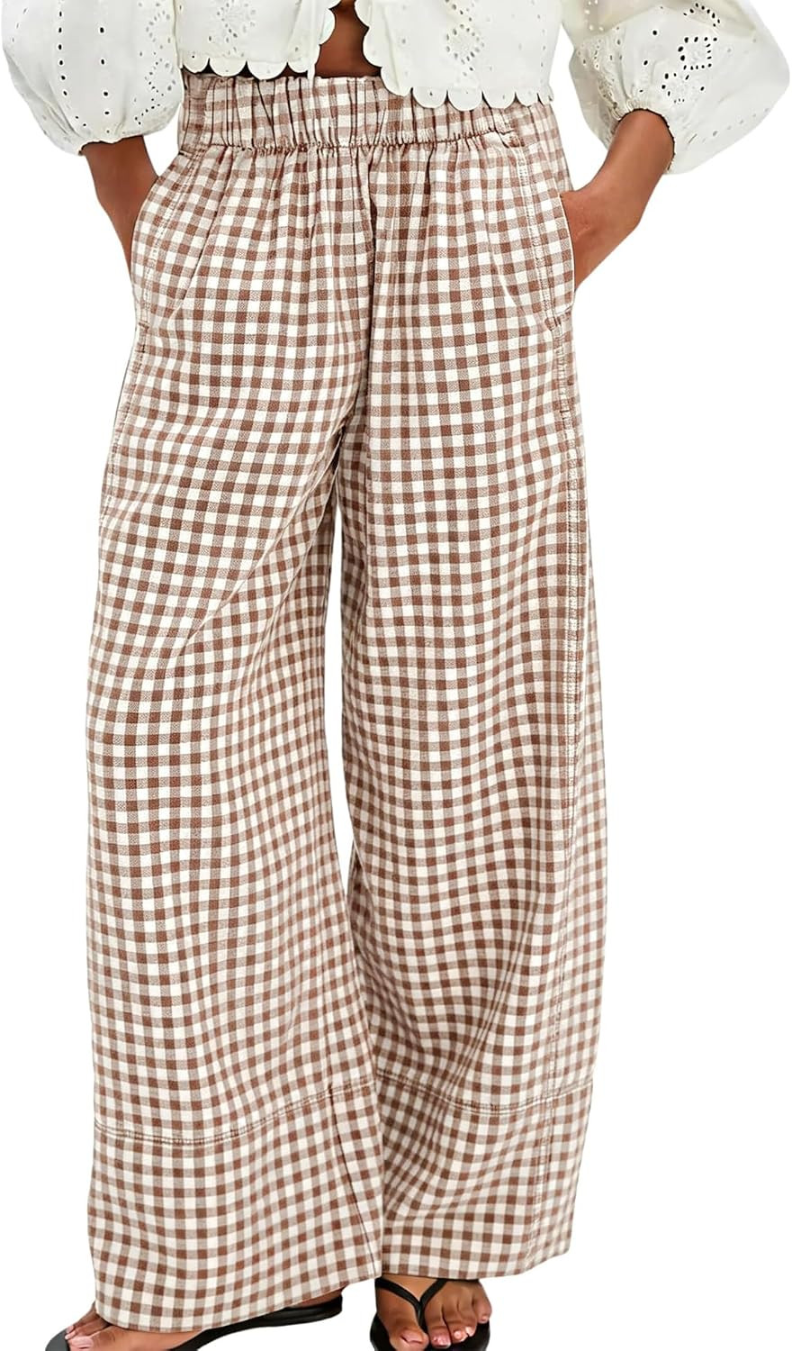 SeeLuNa Soft Pants Women Gingham Cotton Palazzo Trousers Wide Leg Pants | Amazon (US)