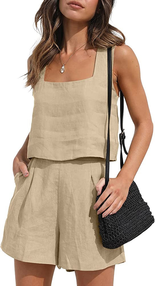 AUTOMET Womens 2 Piece Outfits Lounge Matching Sets Two Piece Linen Shorts Crop Tops 2023 Trendy ... | Amazon (US)