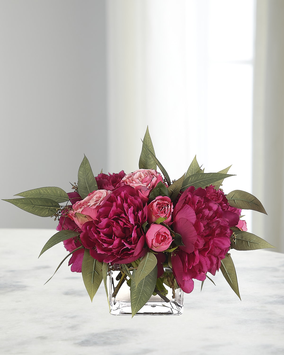 Peonies & Roses 15" Faux Floral Arrangement in a Glass Cube | Neiman Marcus