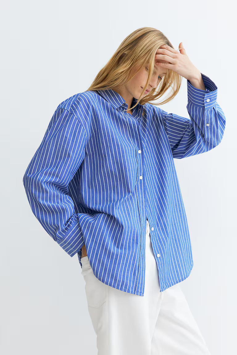 Loose Fit Cotton Shirt - Blue/White stripe - Ladies | H&M AU | H&M (AU)