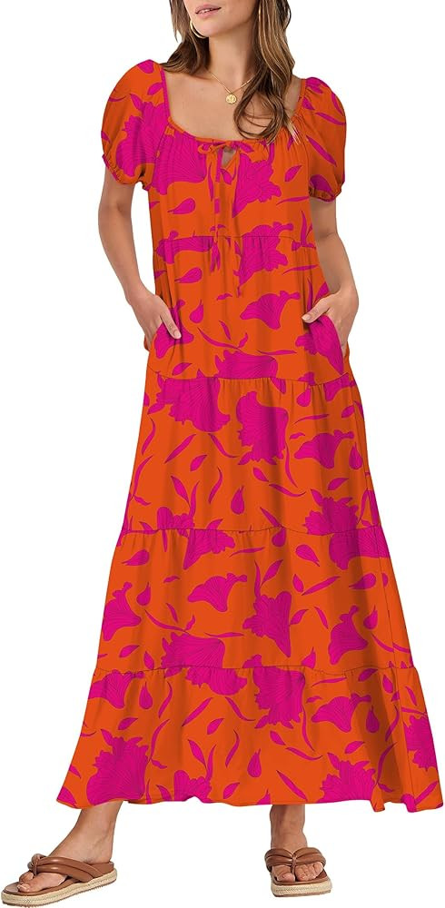 ANRABESS Women's Boho Maxi Dresses 2025 Summer Casual Floral Puff Short Sleeve Tie Front Flowy Sw... | Amazon (US)