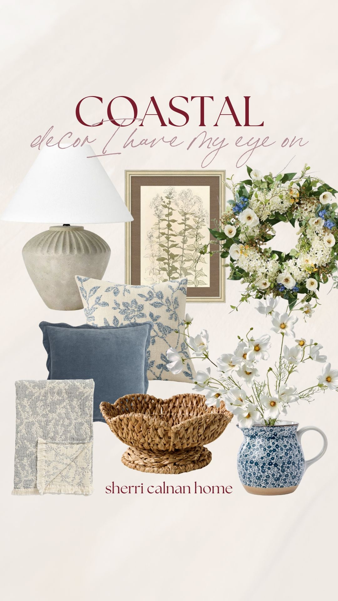 Coastal decor pieces I have my eye on featuring soft blues, natural textures, and layered neutrals that bring a relaxed coastal feel into everyday spaces.
 Coastal decor finds, blue and neutral home decor, woven baskets, coastal living room styling, neutral pillow styling, organic coastal decor, sherri calnan home

#LTKHome