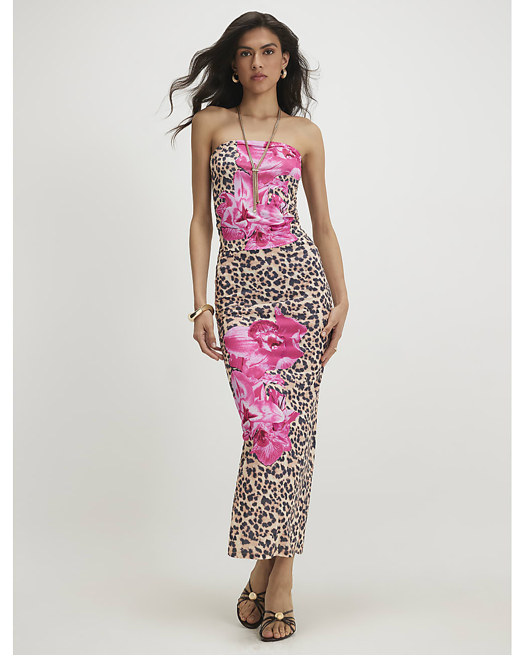 Brown Leopard Floral Bandeau Top | River Island UK & IE