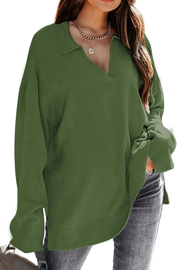 LILLUSORY Womens V Neck Collared Oversized Fall Sweater 2023 Sexy Long Sleeve Knit Pullover Tunic... | Amazon (US)