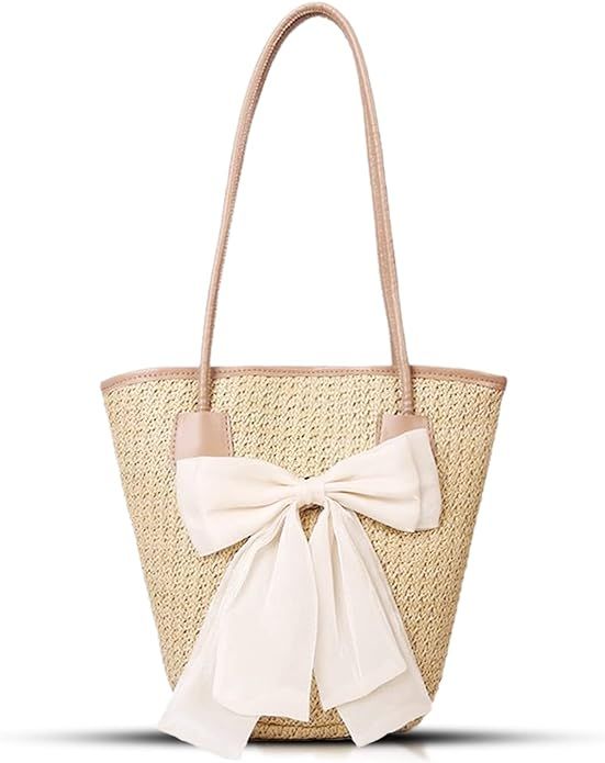 Tote Bag for Women, Straw bag, Handwoven Straw Bag, Large bow and Leather Straps Handbag, Woven B... | Amazon (US)