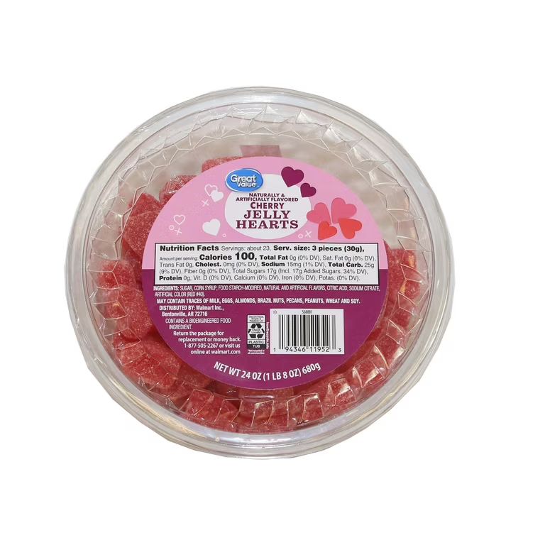 Great Value Valentine Cherry Jelly Heart Tub Chewy Candy - 24 oz. | Walmart (US)