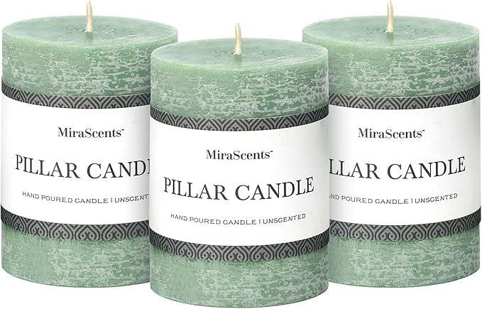 3x4 Inch Sage Green Pillar Candles Set of 3 - Unscented Spring Candles, Long Clean Burning, Large... | Amazon (US)