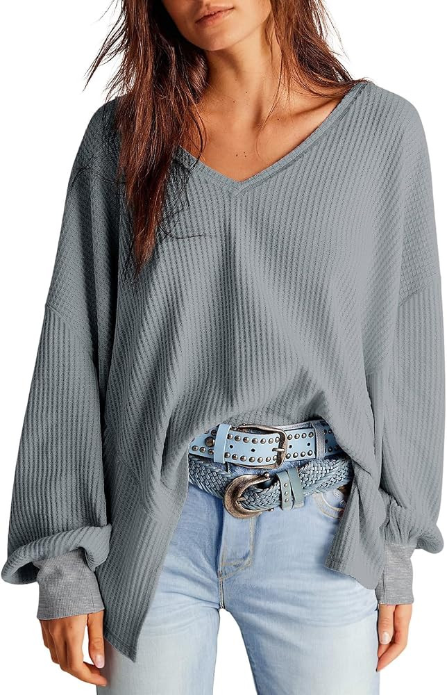 Dokotoo Womens Waffle Knit Tops Fashion 2025 Long Lantern Sleeve Casual Blouses V Neck Oversized ... | Amazon (US)