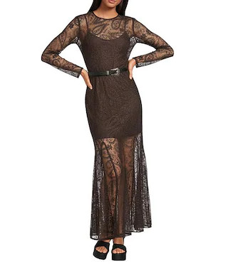Eden Lace Belted Long Sleeve Dress | Dillard's