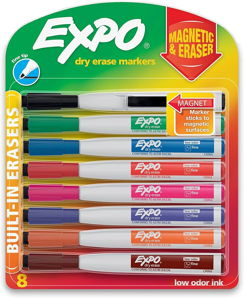 EXPO Magnetic Dry Erase Markers with Eraser, Fine Tip, Assorted, 8 Count | Amazon (US)