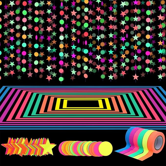 127ft Neon Party Supplies Set, 6 Colors 98.4ft UV Blacklight Reactive Tape, 29ft Neon Paper Garla... | Amazon (US)