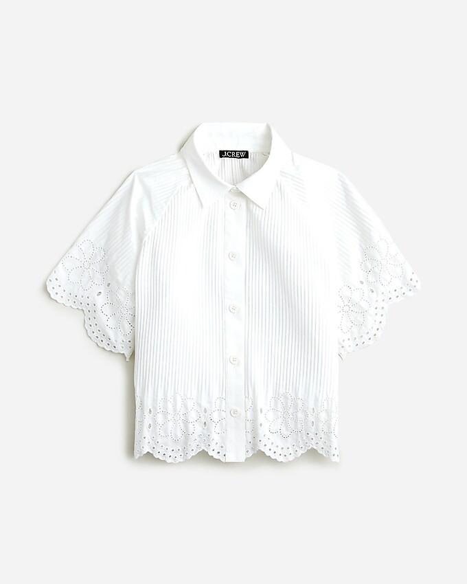 Pleated eyelet-trim shirt in cotton poplin | J. Crew US