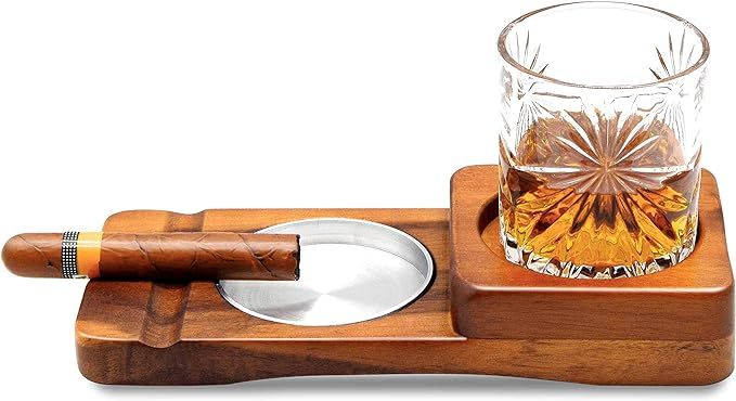 Whiskey Glass Tray and Cigar Holder , Rustic Wooden Cigar Tray, Slot to Hold Cigar, Cigar Rest, C... | Amazon (US)