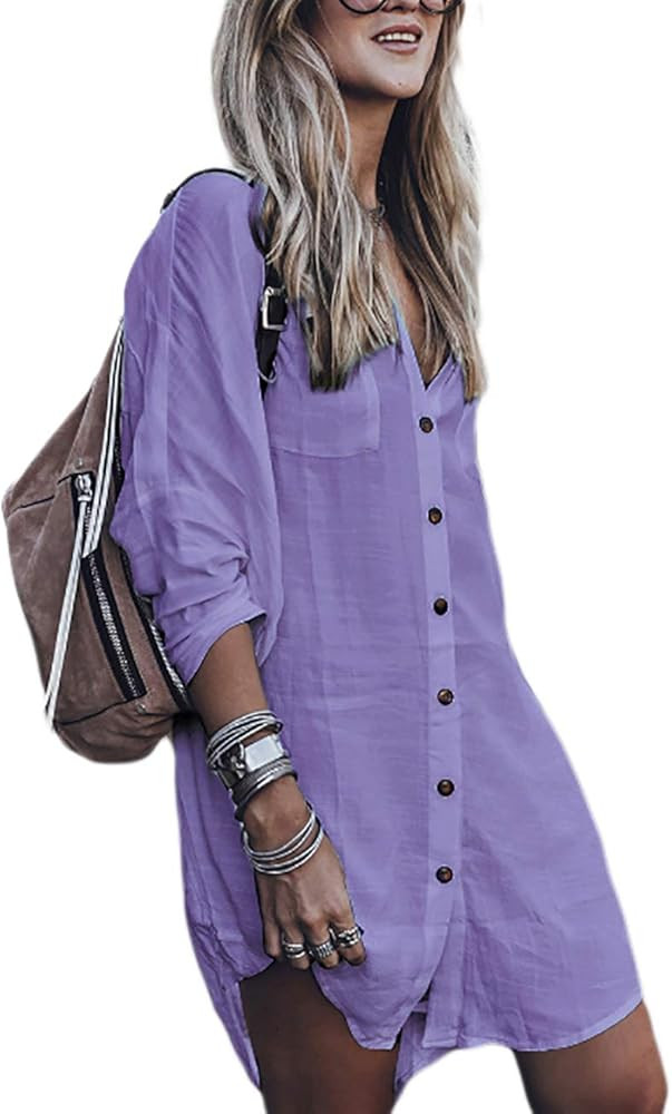Bsubseach Women Loose Long Sleeve Swimsuit Cover Ups Button Down Beach Shirt | Amazon (CA)