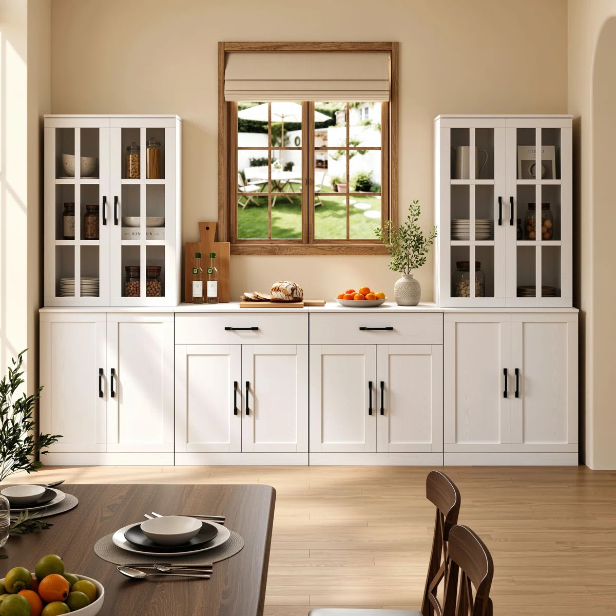 71"H x 94.5"W Farmhouse Wall Unit & Kitchen Pantry Combo, White Wooden Bookcase Storage Cabinet w... | Wayfair North America