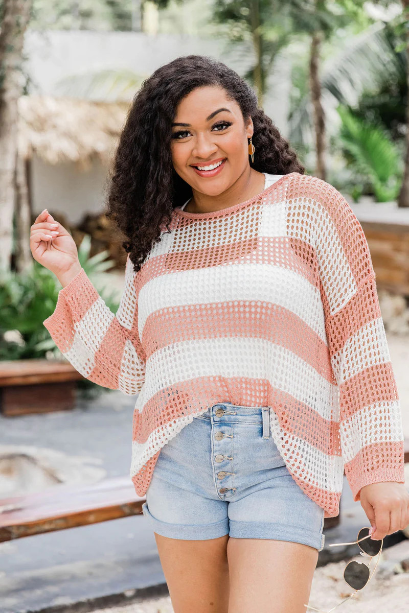Evolving Love Terracotta Open Knit Striped Sweater | The Pink Lily Boutique