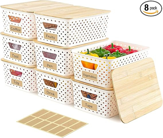 8 Pack Plastic Storage Bins with Bamboo Lids - Stackable Storage Baskets with Handle for Pantry O... | Amazon (US)