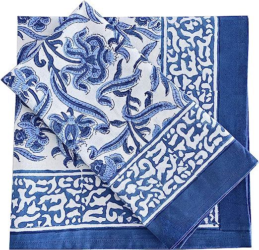 ATOSII Midnight Bloom Blue 100% Cotton Cloth Napkins, Handblock Floral Print Designer Table Linen... | Amazon (US)