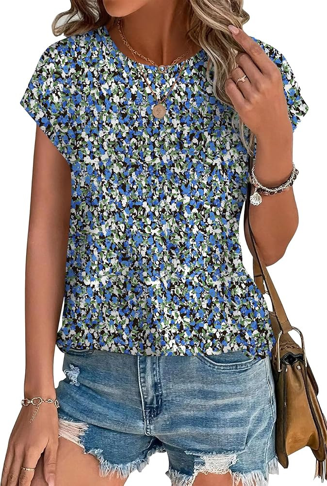 XIEERDUO Womens Tops Short Sleeve Shirts Blouses for Women Dressy Casual Cap Sleeve Tops with Cur... | Amazon (US)