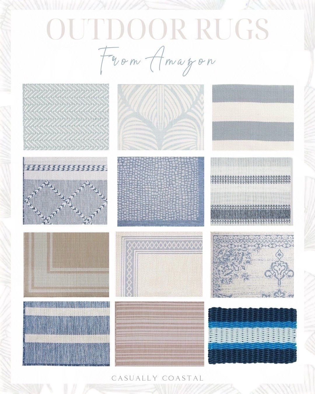 Outdoor Rugs From Amazon 

Affordable rugs, Amazon rugs, coastal rug, blue and white rug, neutral rug, outdoor rug, 3x5 rug, light blue rug, washable rug, herringbone indoor/outdoor rug, safavieh rug, patio rug, 5x8 rug, navy and ivory rug, Tommy bahama rug, lanai palm leaves rug, UV fade resistant rug, blue rug, 8x10 rug, door mat, striped door mat, lobster rope doormat, all weather mat, striped rug, grey and blue rug, washable outside carpet, accent rug, modern bordered area rug, diamond border area rug, navy blue rug

#LTKHome
