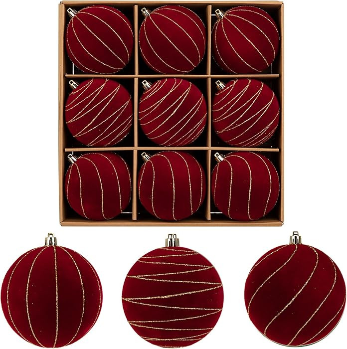 Briful 4'' Velvet Flocked Christmas Ball Ornaments – 9 pcs Burgundy Xmas Balls Baubles, Mix o... | Amazon (US)