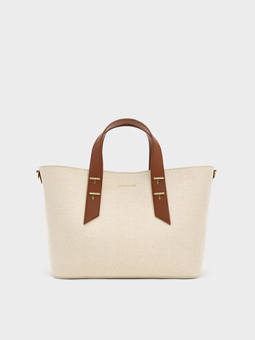 Canvas Metallic-Accent Double Handle Bag
 - Chocolate | Charles & Keith UK