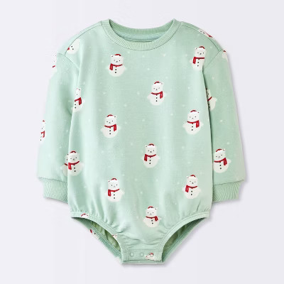 Baby Christmas Holiday Snowman Sweatshirt Romper - Cloud Island™ Mint Green Newborn | Target