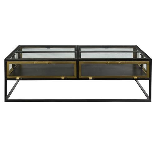 Albert Mid Century Clear Glass Black Iron Frame Rectangular Storage Coffee Table | Kathy Kuo Home