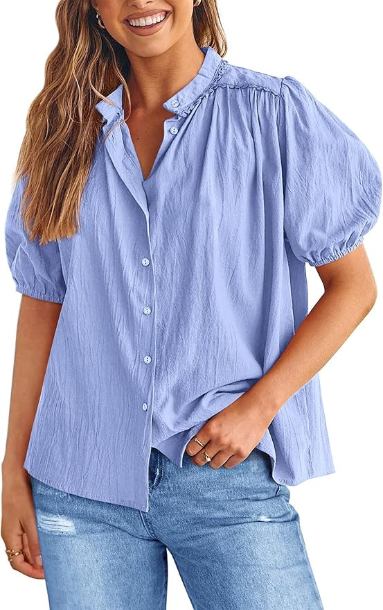 PRETTYGARDEN Women's Summer Button Down Shirts Short Lantern Sleeve V Neck Cotton Cute Dressy Cas... | Amazon (US)