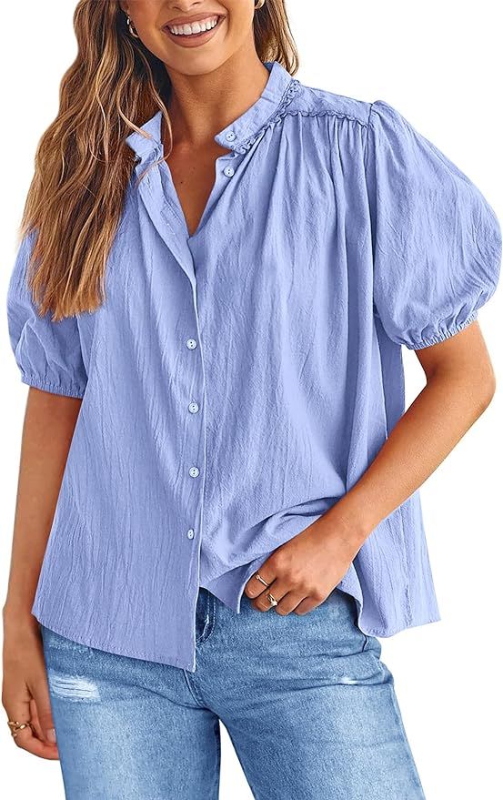 Pretty Garden Womens Summer Button Down Short Lantern Sleeve V Neck Cotton Tops | Amazon (US)