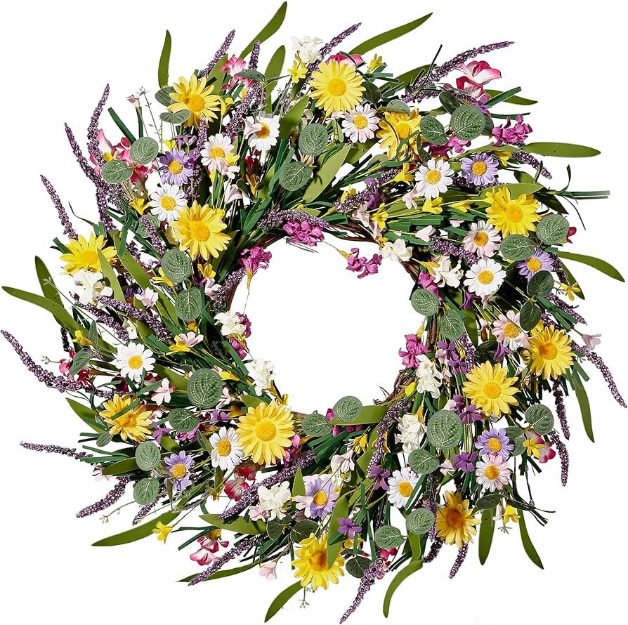 Sggvecsy Daisy and Lavender Wreath 22’’ Wildflower Spring Summer Artificial Silk Wreath for F... | Amazon (US)